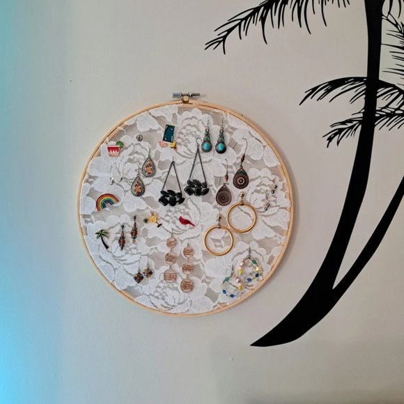 Lg Jewelry Organizer, Embroidery Hoop Earring Holder, Lace Earring Rack, Boho Wa - Picture 5 of 8
